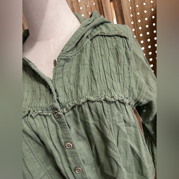 Free People Olive Army Green Hooded Jacket Button Down Shirt Top - Picture 4 of 6